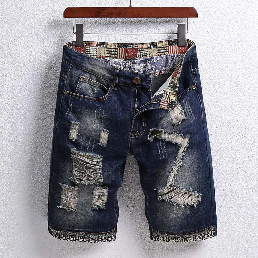 2023 Ripped Patch Short Jeans Men\'s Raggedy Five-cent Beggar Denim Pants British Style High Quality Summer Trend men\'s jeans