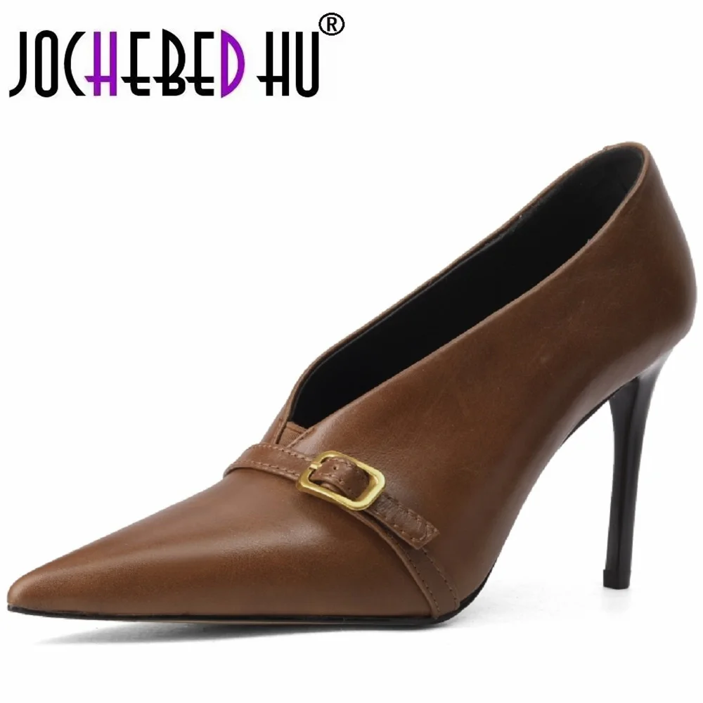 【JOCHEBED HU】Handmade Genuine Leather Pointed Toe V-Notch Soft and comfortable High Heel Single oes New Sle Slip-On 34-40