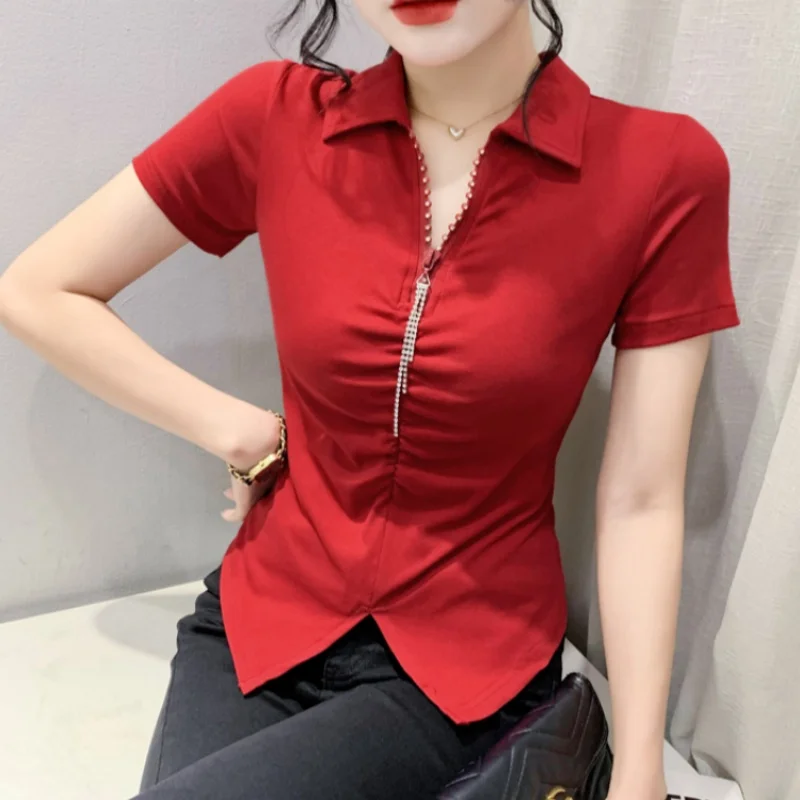 Summer Women's Turn-Down Neck Solid Color Tee Fashion Zipper Hot Diamond Tassels Bottoming T-shirt Short Sleeve Lady Elegant Top