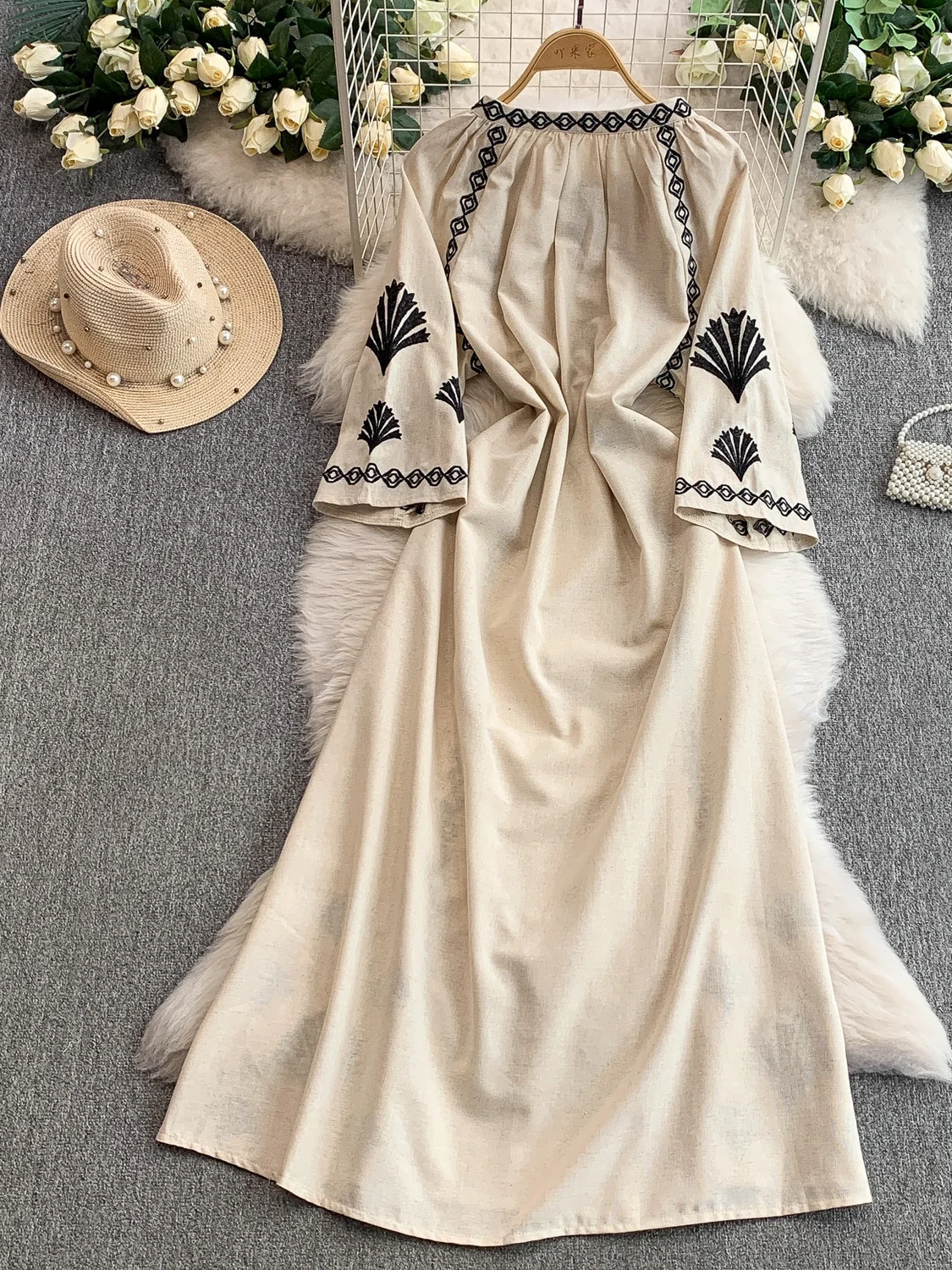 Retro Schwere Stickerei Lange Sve runde Ne Dr Frauen Sommer Gürtel Taille Abnehmen Split Tee Brechen Rock Pendeln Sle