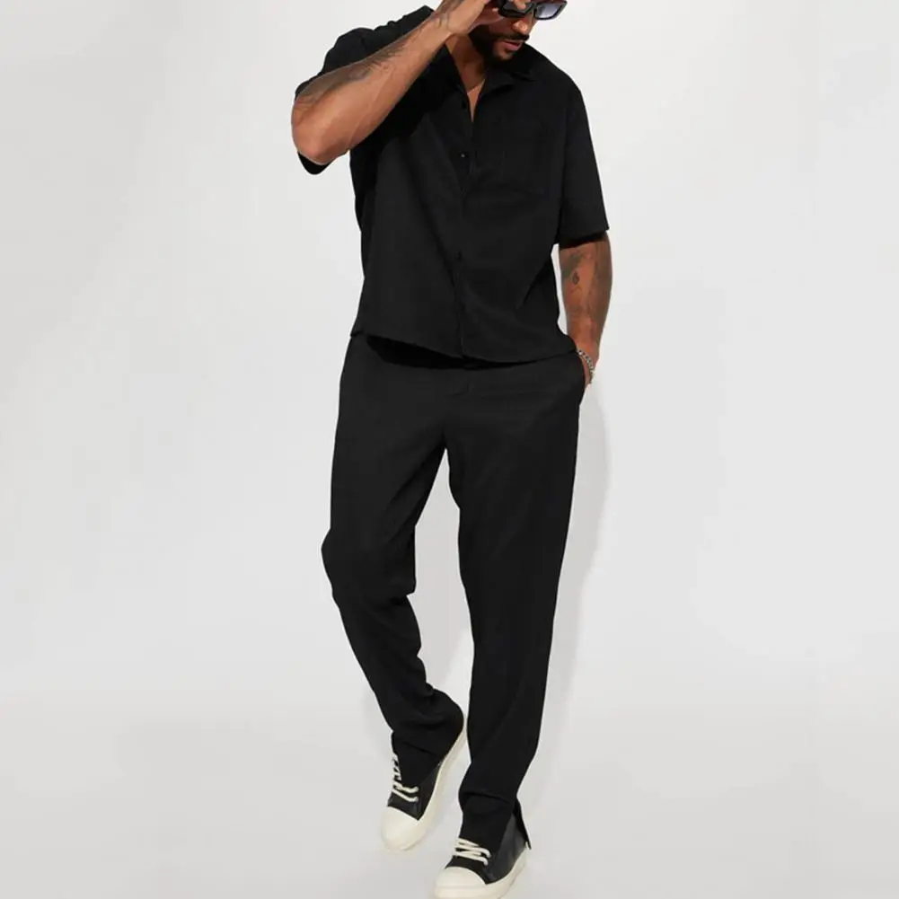 

Breathable Men Attire Men's Casual Loose Fit 2-piece Set Short Sleeve Shirt Elastic Waist Pants in Solid for Comfort for Men
