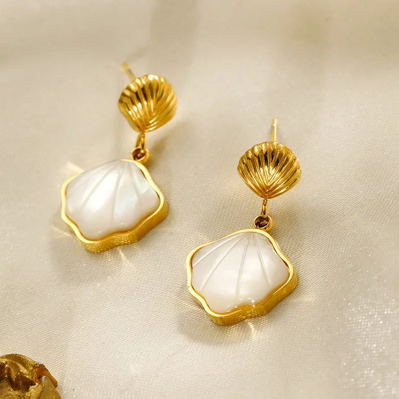 GANPUP 316l Edelstahl Naturstein Muscheln Baumeln Ohrringe Frauen 18k PVD Überzogene Mode Urlaub Schmuck Wasserdicht Geschenk – Detail 10