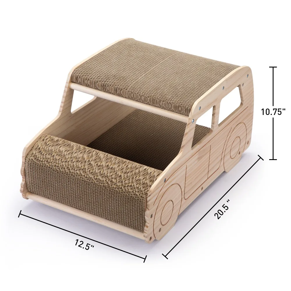 2-in-1 Wood Corrugate Cat Scratcher, Cardboard Cat House, Reversible Car-Shaped Scratch Furniture Protector Cat Scratching Board