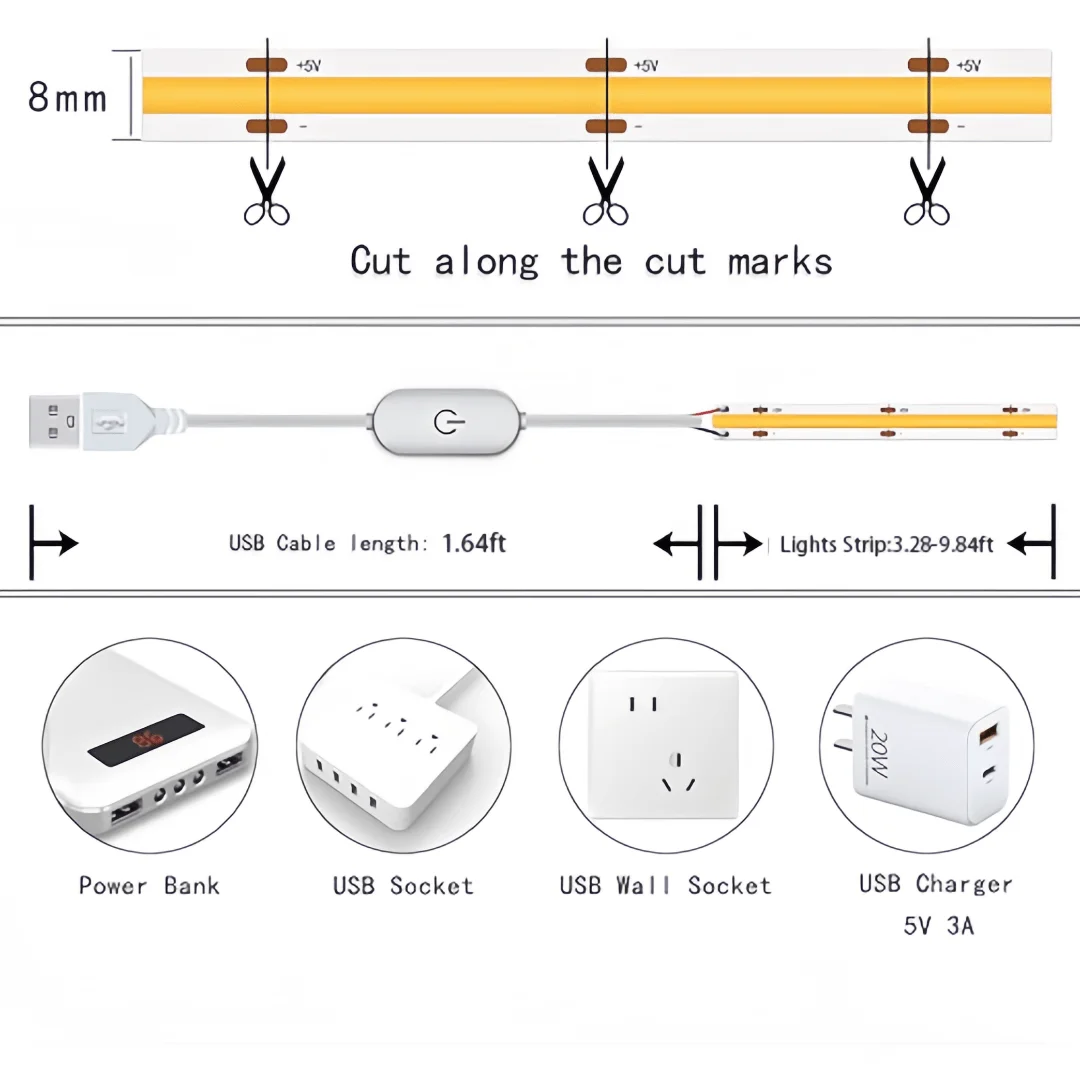 COB LED Lights Strip USB 5V Elastyczne oświetlenie LED Room Decor Tape Ribbon Smart Touch Sensor Dimmer Switch 320Led Liniowe podświetlenie