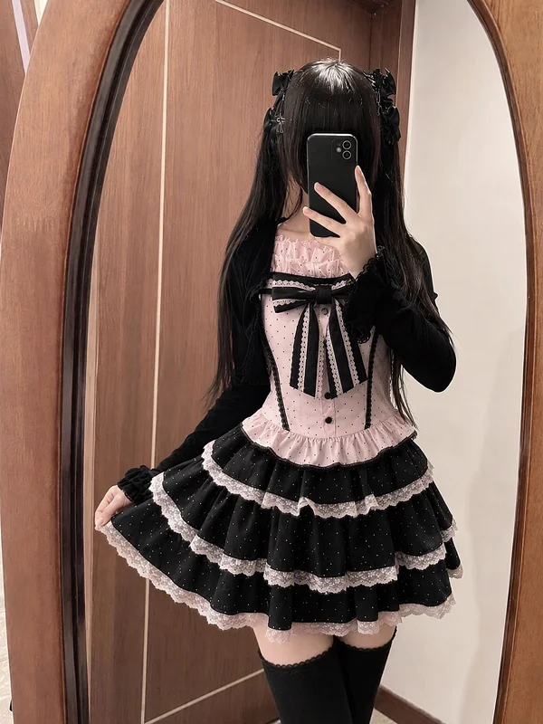 Sweet Vintage Black Cardigan with Polka Dot Strap And Cake Short Skirt Three Piece Set for Women Spring Autumn Winter Fashion