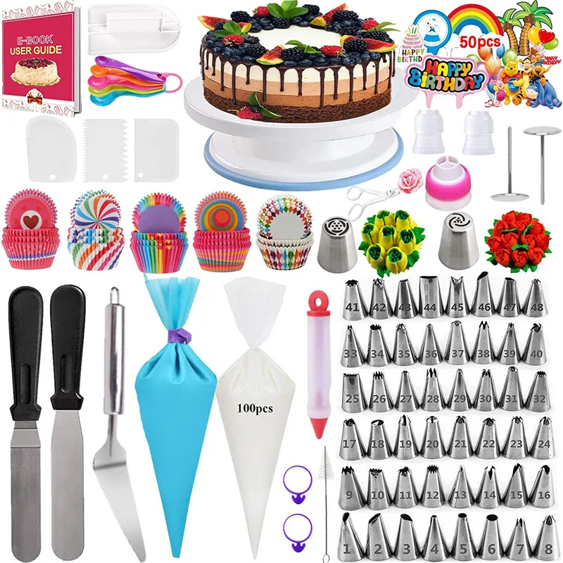 

322Pcs Cake DIY Kit Kitchen Decorating Supplies Reusable Pastry Bags Kit Turntable Stand Baking Supply Cake Decoration Nozzle