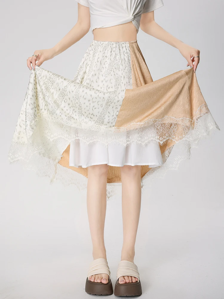 

Юбка миди с высокой талией и леопардовым принтом, с кружевными вставками, для женщин, летняя новинка, скрывающая бедра, для фигуры типа «груша»