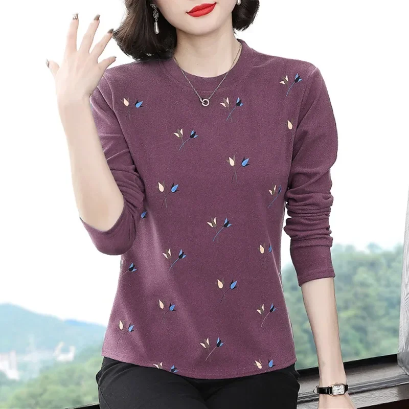 

New Fashion Autumn Winter Velvet Base Layer Top Slimming Women's Leaf Print T-shirt Warm Long Sleeve Female Blouses Shirt