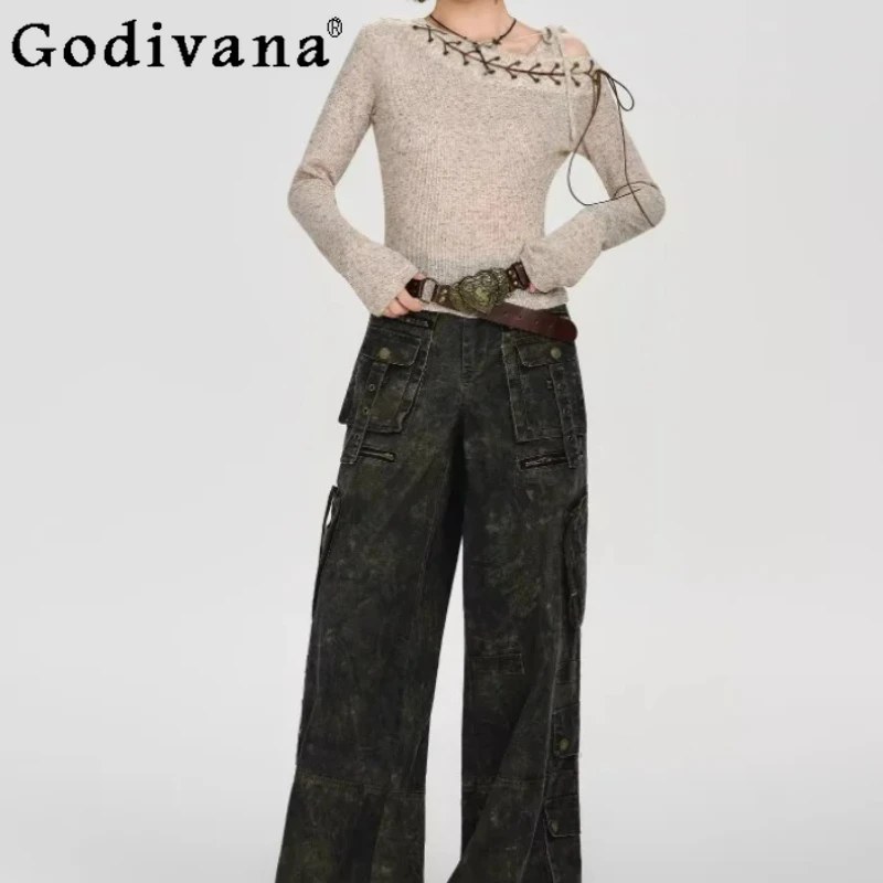

New American Retro Sexy Long Sleeve Lace-up Slim T-shirt Spring Autumn Women Fashion Versatile Age-reducing Elegant Splicing Top