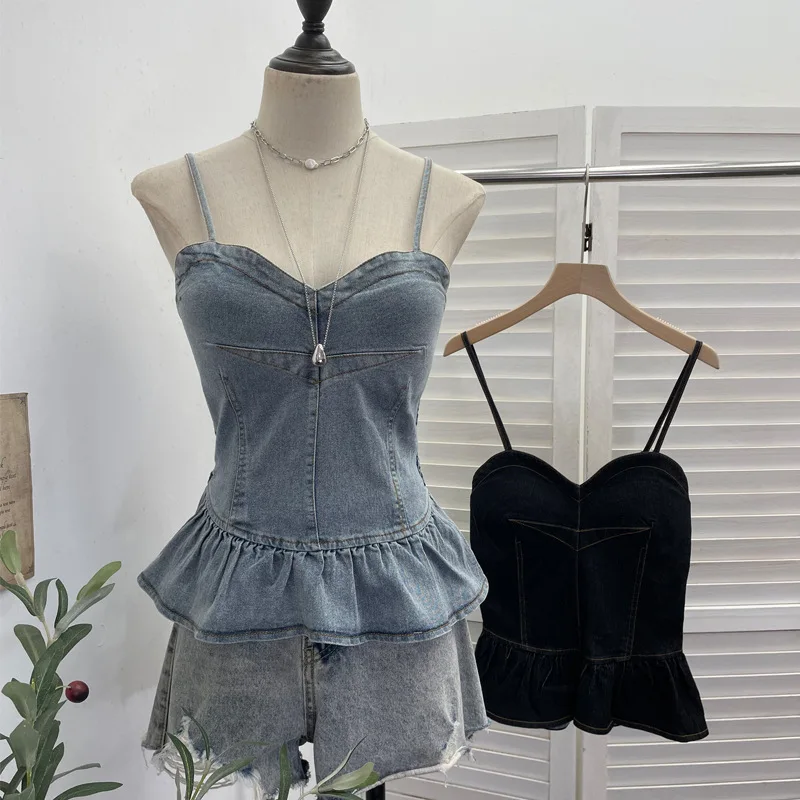 Retro Washed Denim Sling Vest with Chest Pad Back Wrap Sleeveless Top