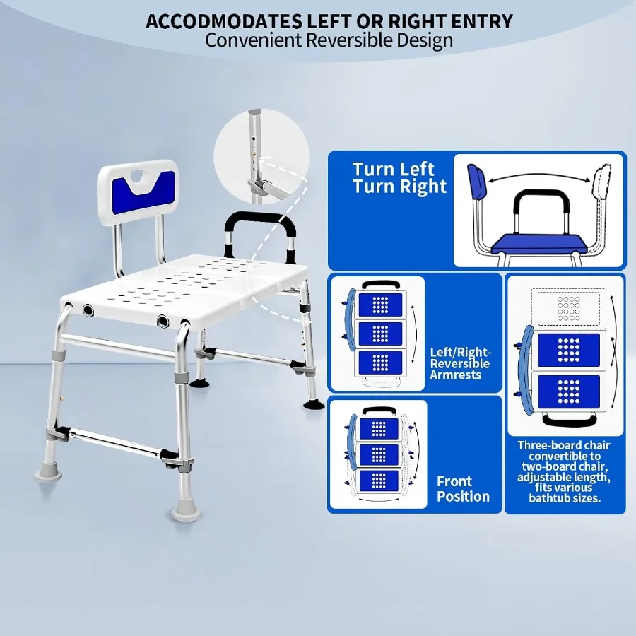 Heavy Duty Width Adjustable Bath Tub Transfer Shower Bench for Inside Tub Extended Shower Chair with Adjustable Height and Reve