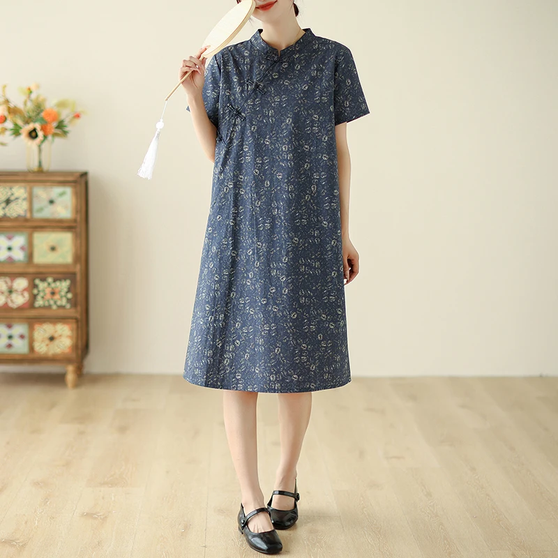 

Женское винтажное платье из хлопка и льна, повседневное Свободное длинное платье с коротким рукавом и принтом в японском стиле, праздничная одежда, X1468