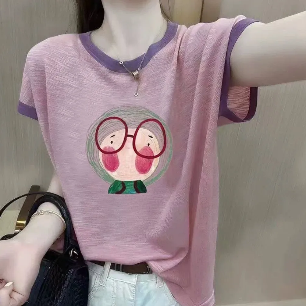 Outlet Summer Ice Silk ort Sve T-irt Women's Faion round Ne Thin Printed Top Cool Sensation Loose Fit Regular Length