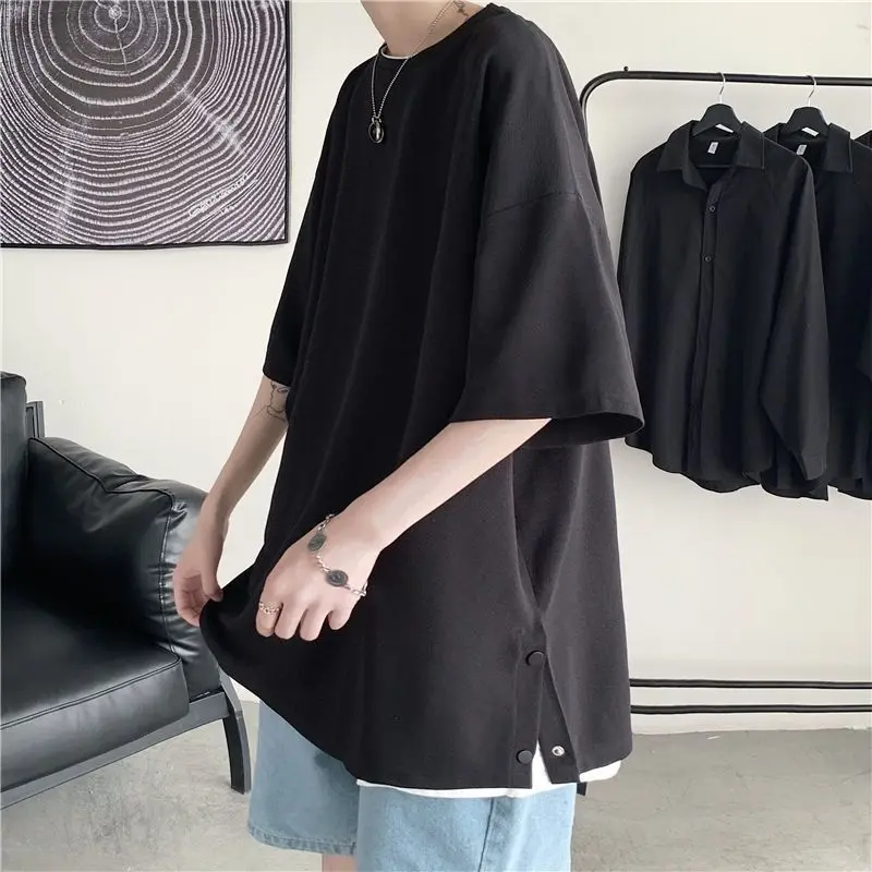 Summer New 3/4 Sleeve T Shirts Men's Thin Slit Hem Button Patchwork Solid Color Loose Trend Tops Tees Casual Fashion Men Clothes