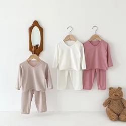 MILANCEL Children's Home Clothing Set 2024 Autumn Girls Pajamas Casual Simple Boy's Sleep Wear Suit V Neck Top+Pants 2Pcs