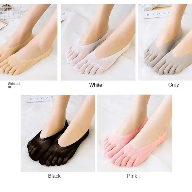 

5 Pairs Women Spring Summer Thin Plain Weave Shallow Mouth Velvet Ice Silk Sweat Absorbent Toe Socks Five Finger Boat Socks