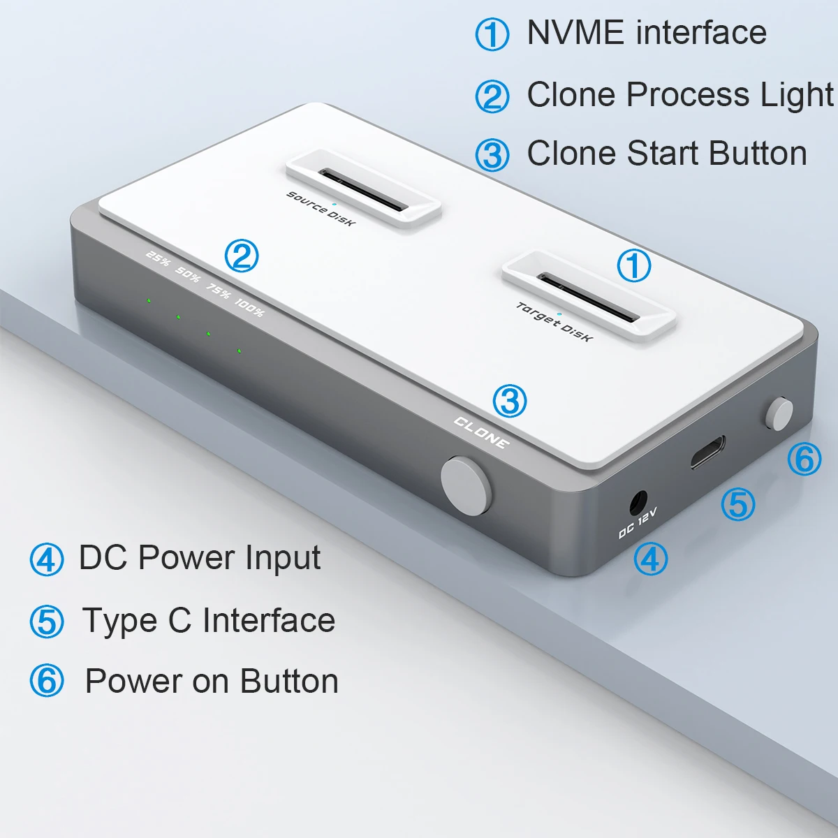 Rocketek USB 3.2 NVMe M.2 Duplicatore Dual-Bay Offline Clone da USB C a NVME Docking Station M2 SSD Chiave M Custodia per dischi rigidi