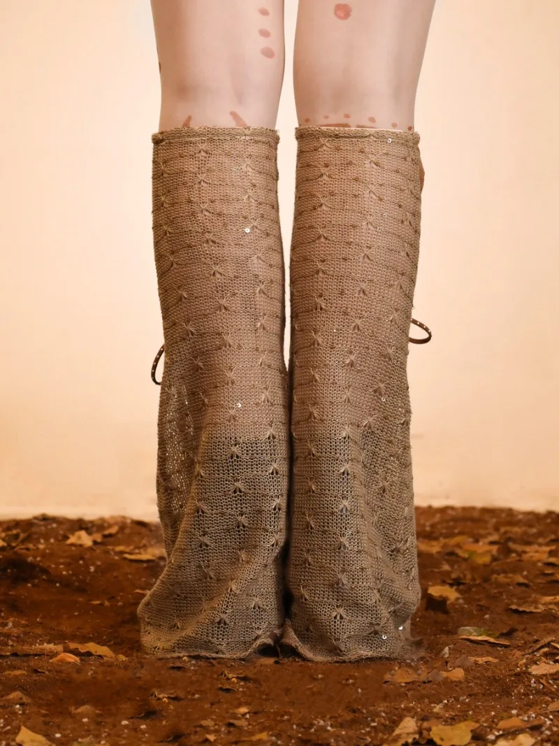 Vintage Old Knitted Leather Splicing Straps Leg Cover Socks 2025 Spring New Japanese Style Leg Warmers Harajuku Clothes Female