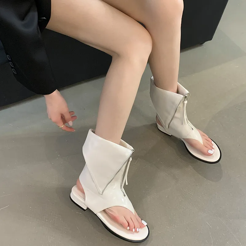 Summer Ankle Boots For Women All-Matching Zipper-Sid Comfortable Solid Color Flat Female Sandals New Designer Luxury Brand Shoes