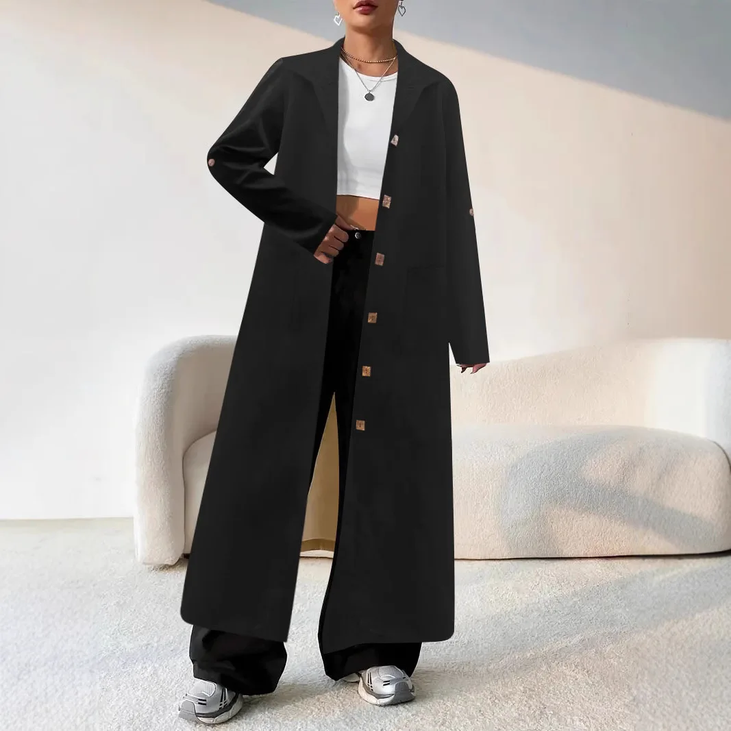 

Autumn/Winter Korean Thick Collar Coat Long Over Knee Coat Trendy Solid Women's Black Button Windbreaker Ropa Coreana Mujer