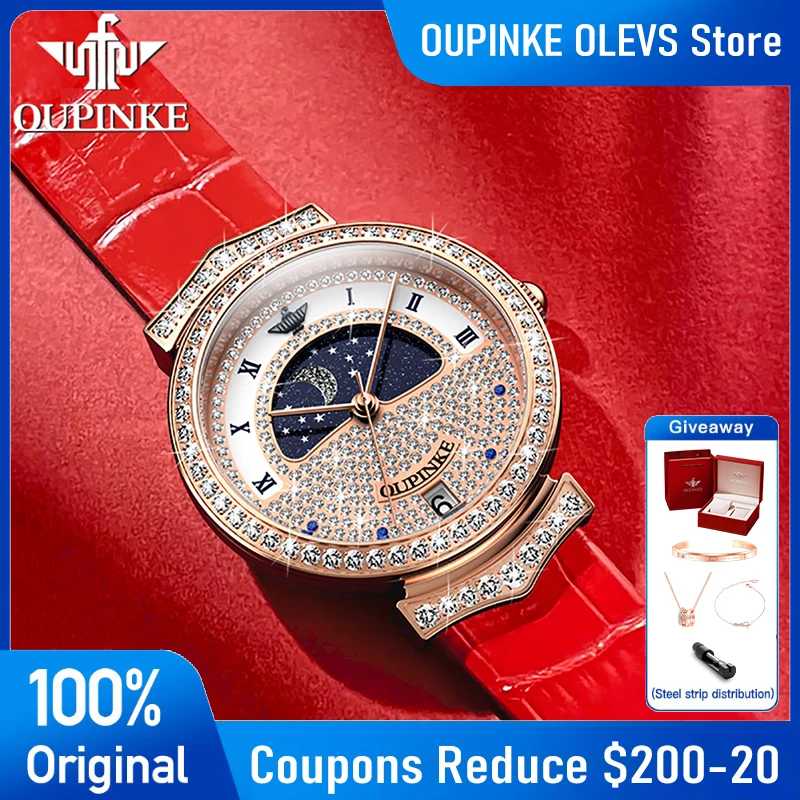

OUPINKE 3216, женские часы, роскошные элегантные кожаные ремешки, кварцевые наручные часы, водостойкий бриллиантовый циферблат, часы с датой, фаза Луны, Reloj