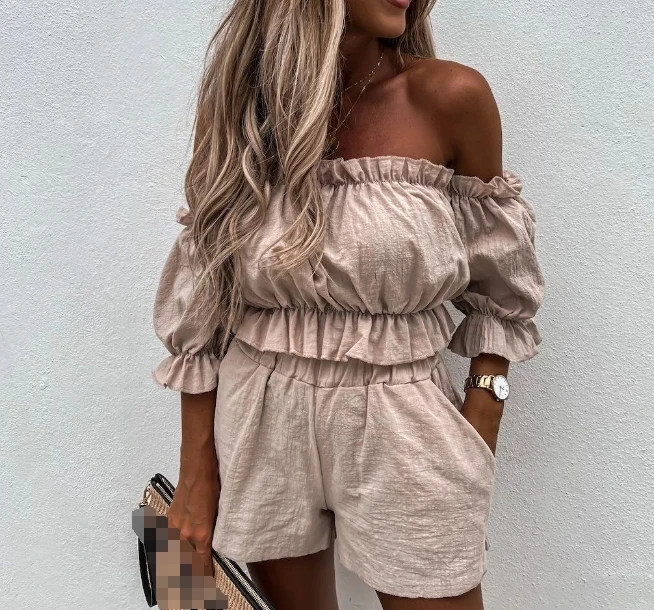 Leisure Women's Shorts Set 2024 Summer Off Shoulder Lantern Sleeves Short Top Pocket Shorts Commuter Casual Daily Two Piece Set