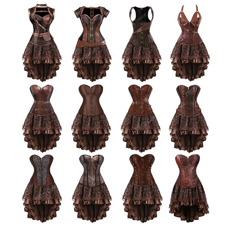 Steampunk Corset Dresses for Women Brown Faux Leather Corset Dress Plus Size Cosplay Dress Pirate Costume with Corset Lingerie