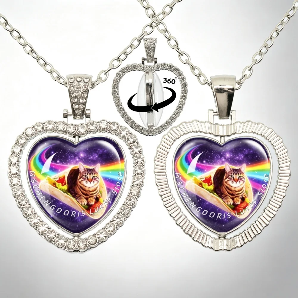 Rainbow Alien Cat Necklace Funny Meme 360 Rotating Double Sided Glass Cabochon Peach Heart Pendant Necklace Jewelry Gift MS044