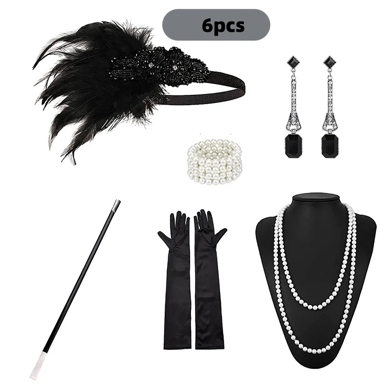 Disfraz de Flapper de los años 20, disfraz de Charleston de Halloween, accesorios de Gatsby de los años 20, tocado negro, diadema de plumas del Gran Gatsby