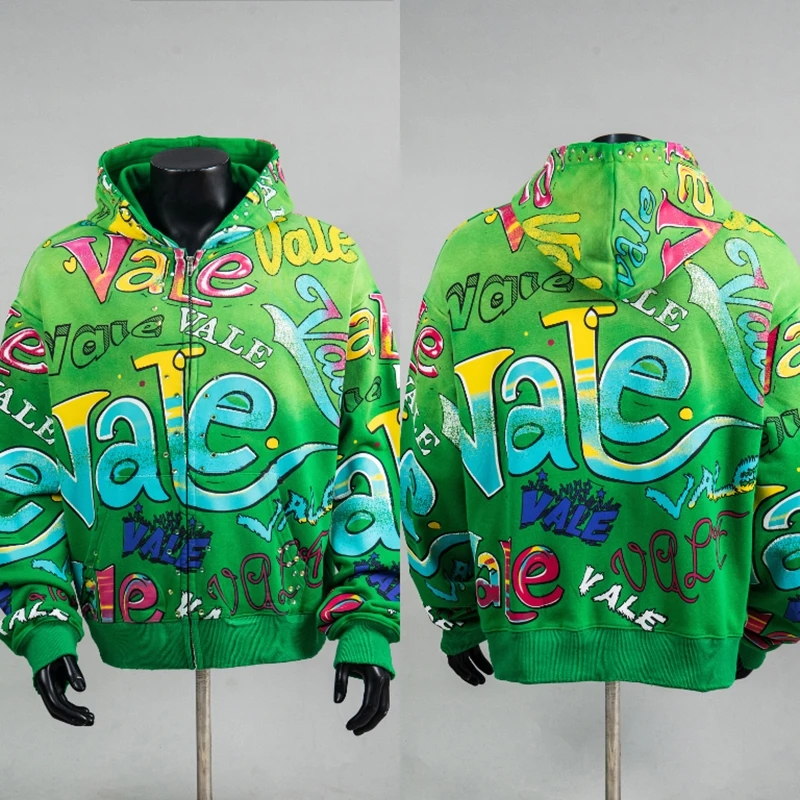 VALLEY Unisex Oversized Hoodie Color Splash Graffiti Full Print Rhinestone Detail Zip Sweatshirt