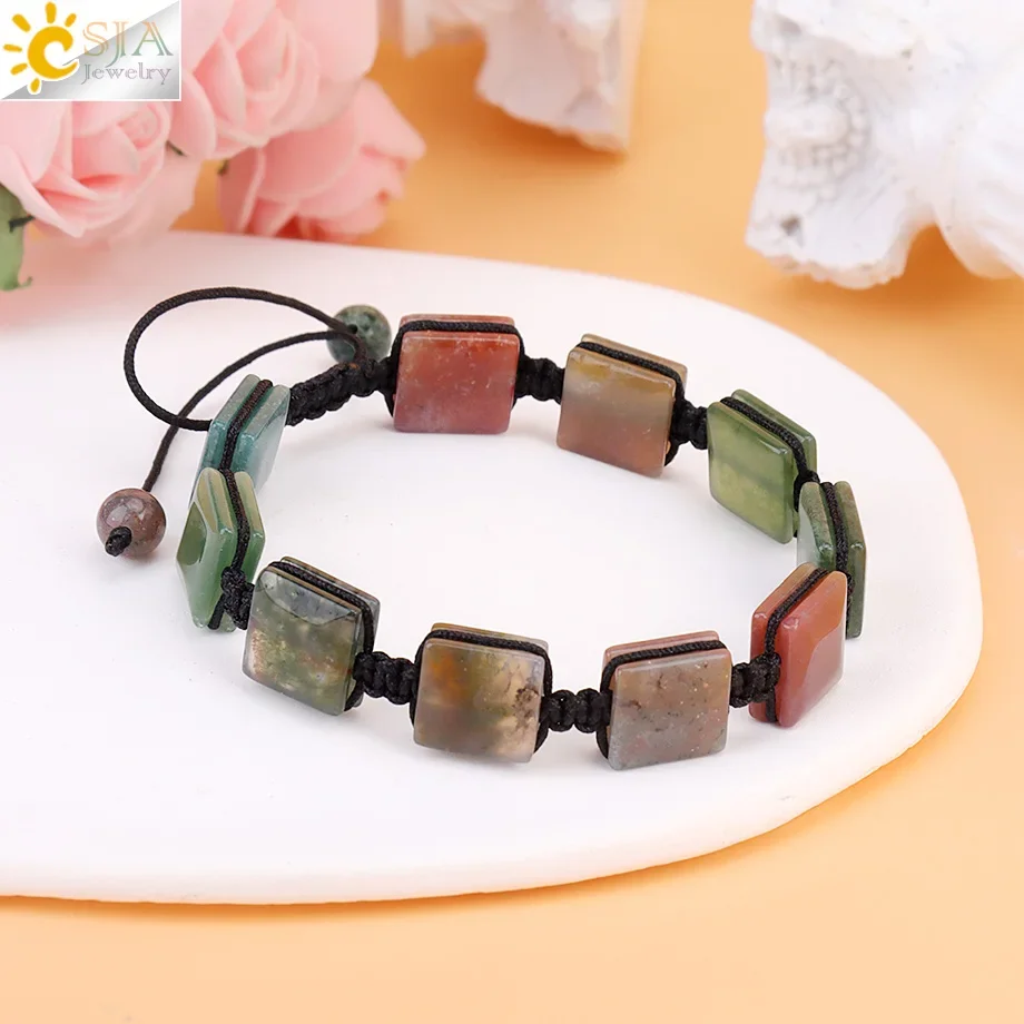 

CSJA Natural Stone Men Bracelet Handmade Woven Square Bead Tiger Eye Pink Quartz Crystal Bangle Bracelet for Women H682