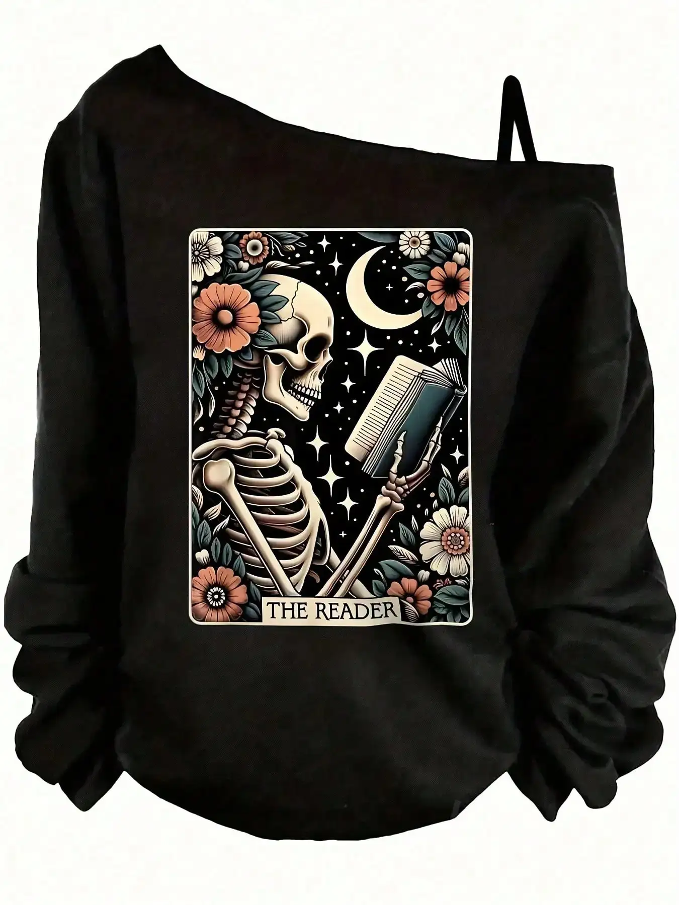 

Готический свитшот с открытыми плечами и принтом скелета, читающего книгу — свободный крой, длинный рукав