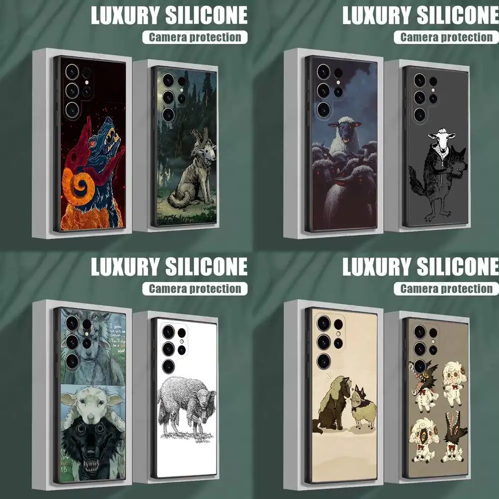 Funda de teléfono con diseño artístico de ovejas en el lobo para Samsung S25,S24,S23,S22,S21,S20,S10,Ultra,Plus,Lite,FE, funda negra de silicona suave