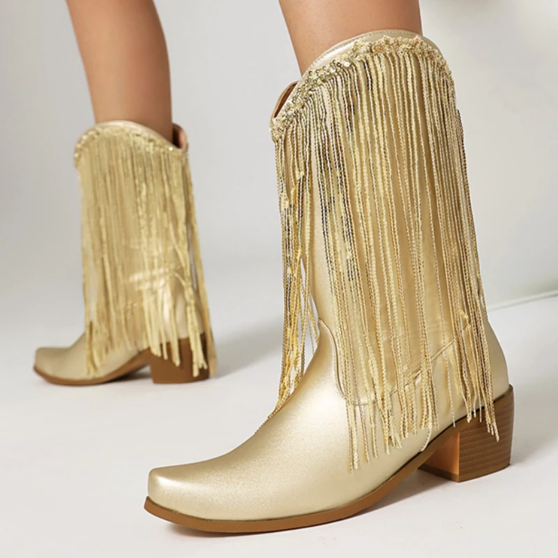 

Роскошные женские ботинки до середины икры золотого и серебряного цвета, зимняя обувь, ботинки на среднем каблуке с кисточками, обувь для вечеринок, новинка 2025 года, большой размер, унисекс