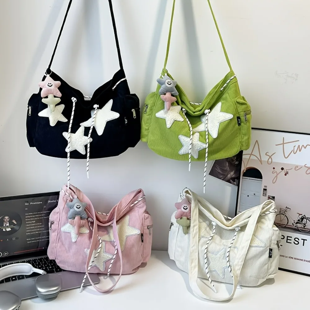Women's Single Shoulder Bag Large Capacity Corduroy with High End Five Pointed Star Design Cute Crossbody Bag for Ladies