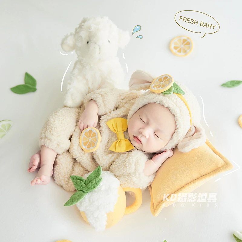 レモンラム新生児写真撮影用衣装-ベビープラッシュロンパースとマッチする帽子-かわいい子羊のぬいぐるみ-幼児スタジオ写真撮影用小道具