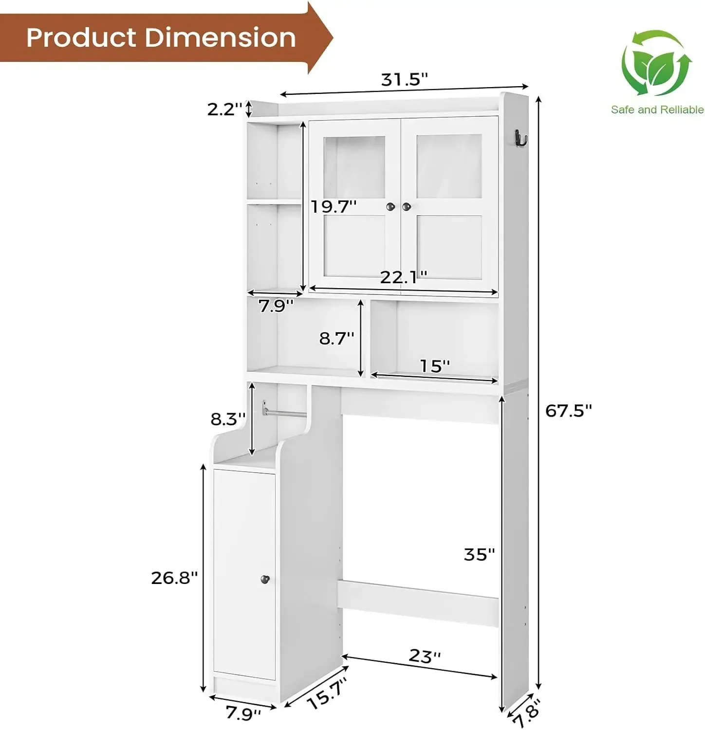 Over The Toilet Storage Cabinet, Over Toilet Bathroom Organizer with Glass Doors & Toilet Paper Holder Stand, Home Space-Saving