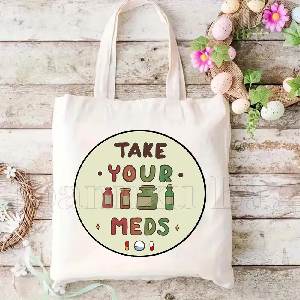 Lucu Ambil Med Anda Kesehatan Mental Cinta Diri Sendiri Terapis Hadiah Lucu Tas Belanja Wanita Tas Tangan Tote Tas Belanja Katun Bahu