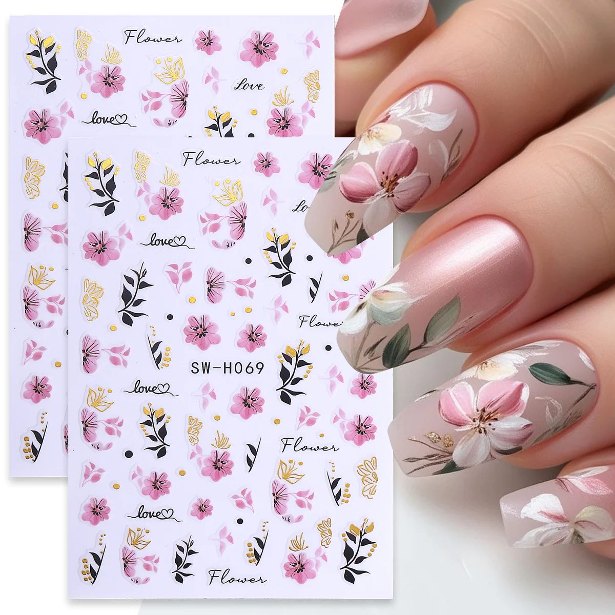 Autocollant pour Nail Art à fleurs roses élégantes, 2 pièces, feuilles florales métalliques dorées, autocollant adhésif, curseur de pétales de printemps, décor de manucure