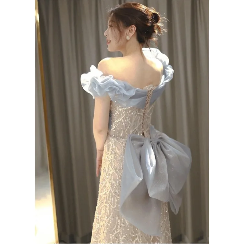 Vestido de Noche Largo de Verano 2026 para Mujer, Nuevo, con un Solo Hombro, Brillante, Estilo Cola de Pez, Elegante, Estilizador, para Fiesta o Brindis Nupcial