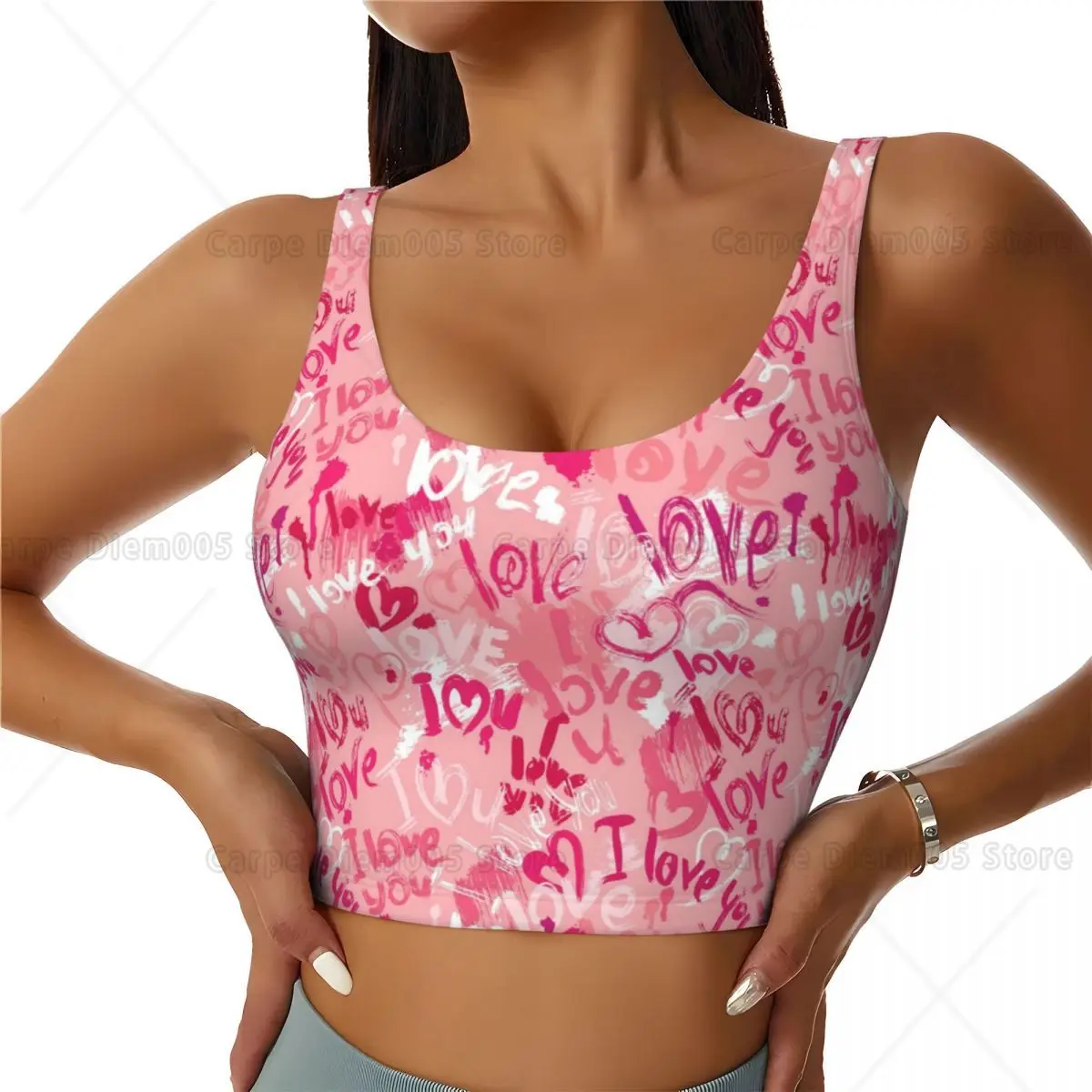 Romantic Doodle Love You Sports Vest Bras for Women U Shade Workout Running Crop Tops Support Yoga Tank Top Medium Strecth