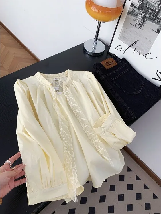 

Элегантная кружевная блузка для женщин: модный минималистичный стиль, длинный рукав, полиэстер, однотонная, омолаживающий эффект, весна 2026
