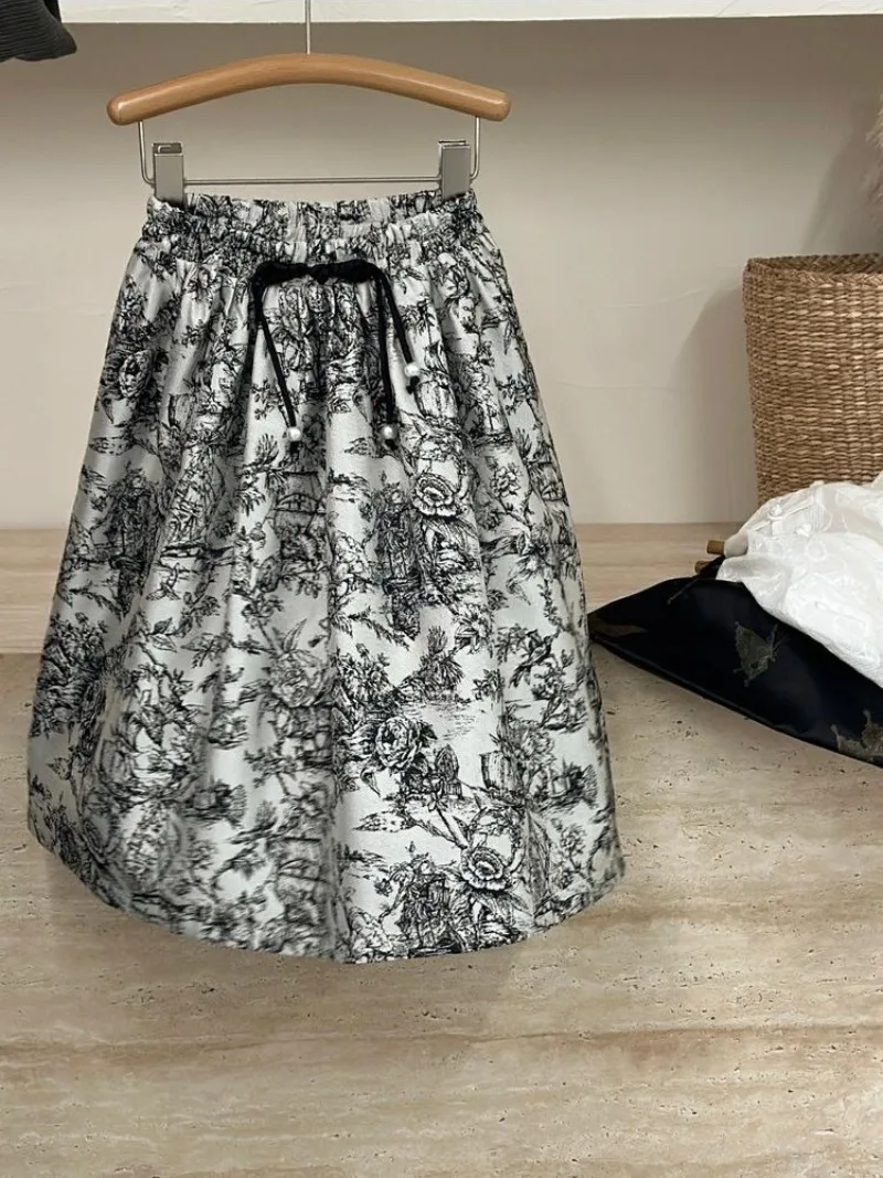 Girls' Elastic Waist Retro Half Skirt Spring Vintage Skirt for Kids Cute Inspired Children's Skirt with Adjustable Waistband