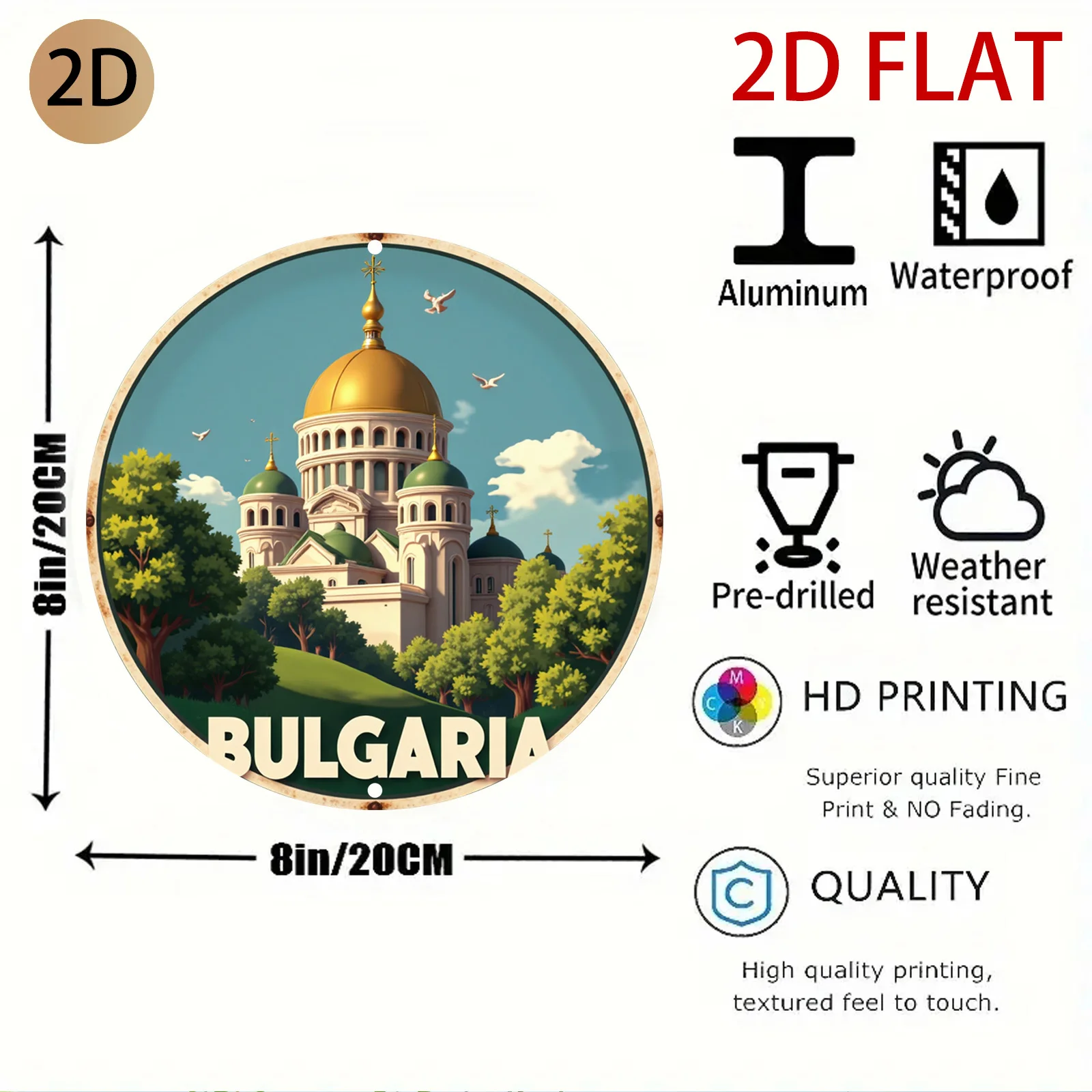 2D Flat Vintage Metal Sign Bulgaria Cathedral Travel Poster Wall Art Decor Retro Round Sign for Home Bar Cafe Patio Balcony Outd