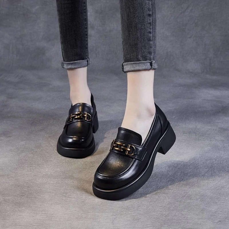 

Women Fashion PU Deep-Cut Loafers Round Toe Chunky Mid Heel 3-5cm Rubber Sole Non-Slip Low Top Casual Daily Shoes