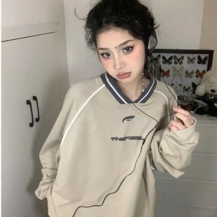 Vintage Oversized Sweatshirts Women Korean Fashion Streetwear Kpop Pullover V Neck Casual Harajuku Grunge Tops Autumn