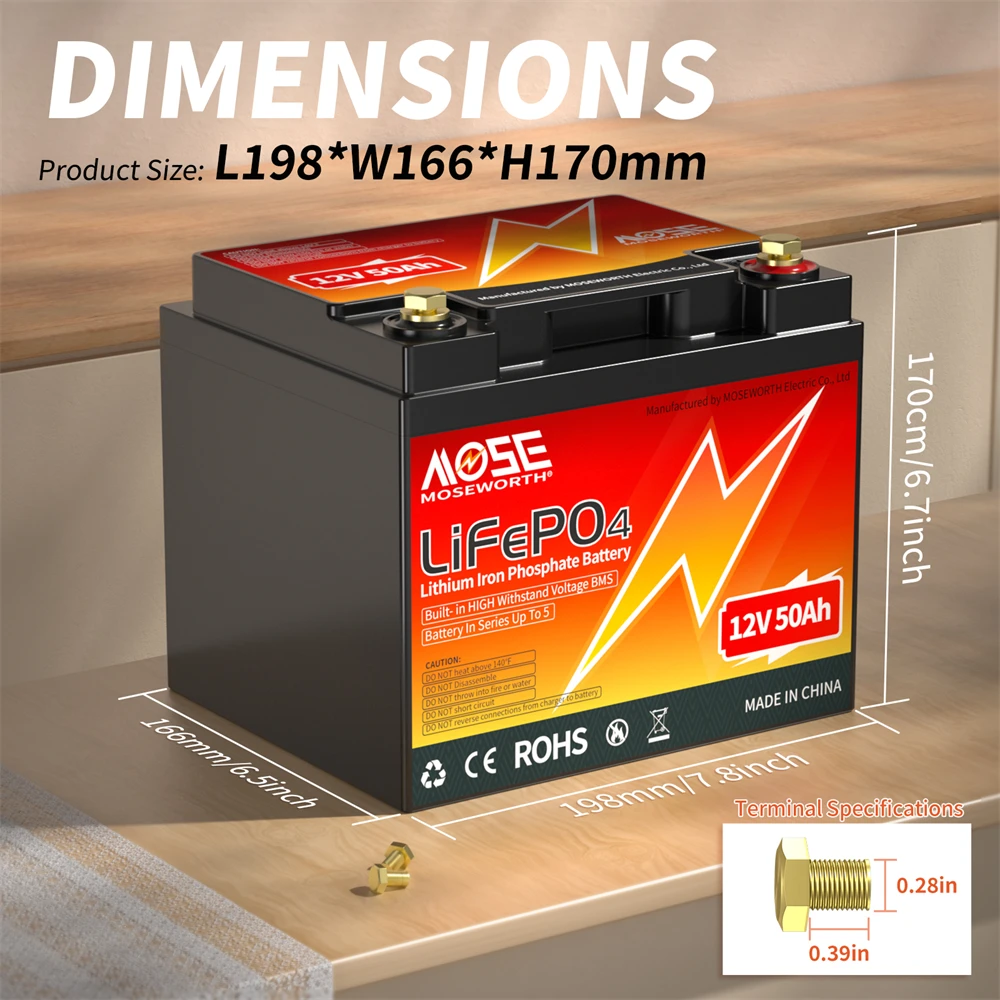 MOSEWORTH 12V 50Ah LiFePO4 Batterij 50A BMS 640W Oplaadbare Lithium-ijzerfosfaat Batterij Deep Cycle Lage temperatuur Bescherming