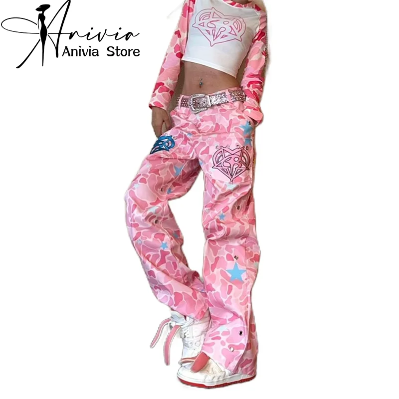 

Y2K Pink Embroidery Harajuku Streetwear Retro Fashion Women High Waist Jeans Loose Wide Leg Straight Denim Trousers Baggy Pants