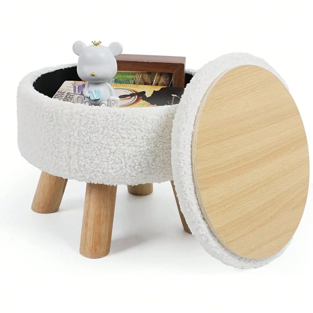

Foot Rest, Small Round Ottoman With Storage, Boucle Teddy Velvet Footstool With Wood Legs, Soft Sponge Storage Ottoman For Livi