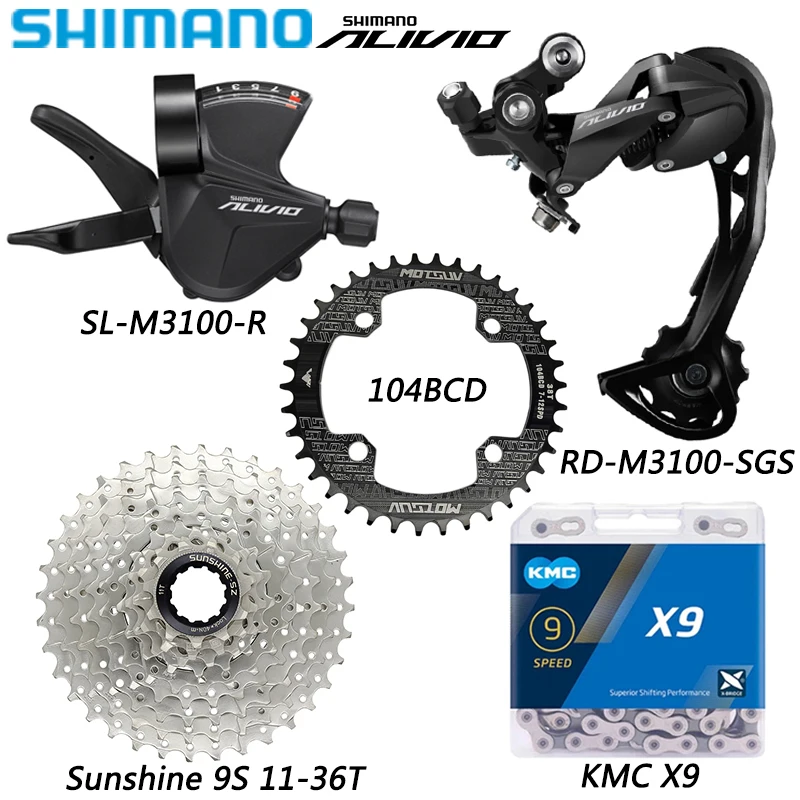 SHIMANO ALVIO M3100 Derailleur Groupset for Mountain Bike 104BCD Crankring Sunshine Cassette Sprocket KMC X9 Chain Original Part